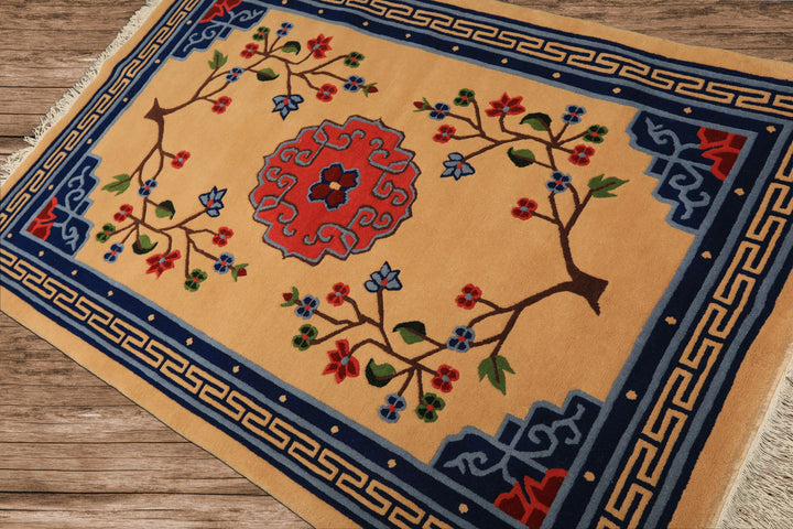 4x6 Tan, Navy, Coral Color Hand Knotted Tibetan Wool Chinese Art Deco Oriental Rug