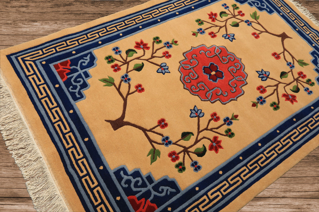 4x6 Tan, Navy, Coral Color Hand Knotted Tibetan Wool Chinese Art Deco Oriental Rug