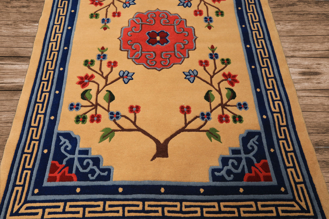 4x6 Tan, Navy, Coral Color Hand Knotted Tibetan Wool Chinese Art Deco Oriental Rug