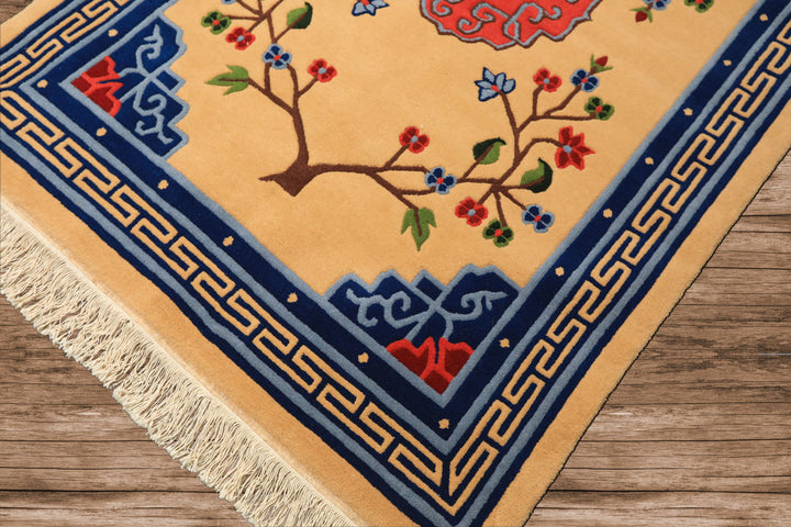 4x6 Tan, Navy, Coral Color Hand Knotted Tibetan Wool Chinese Art Deco Oriental Rug