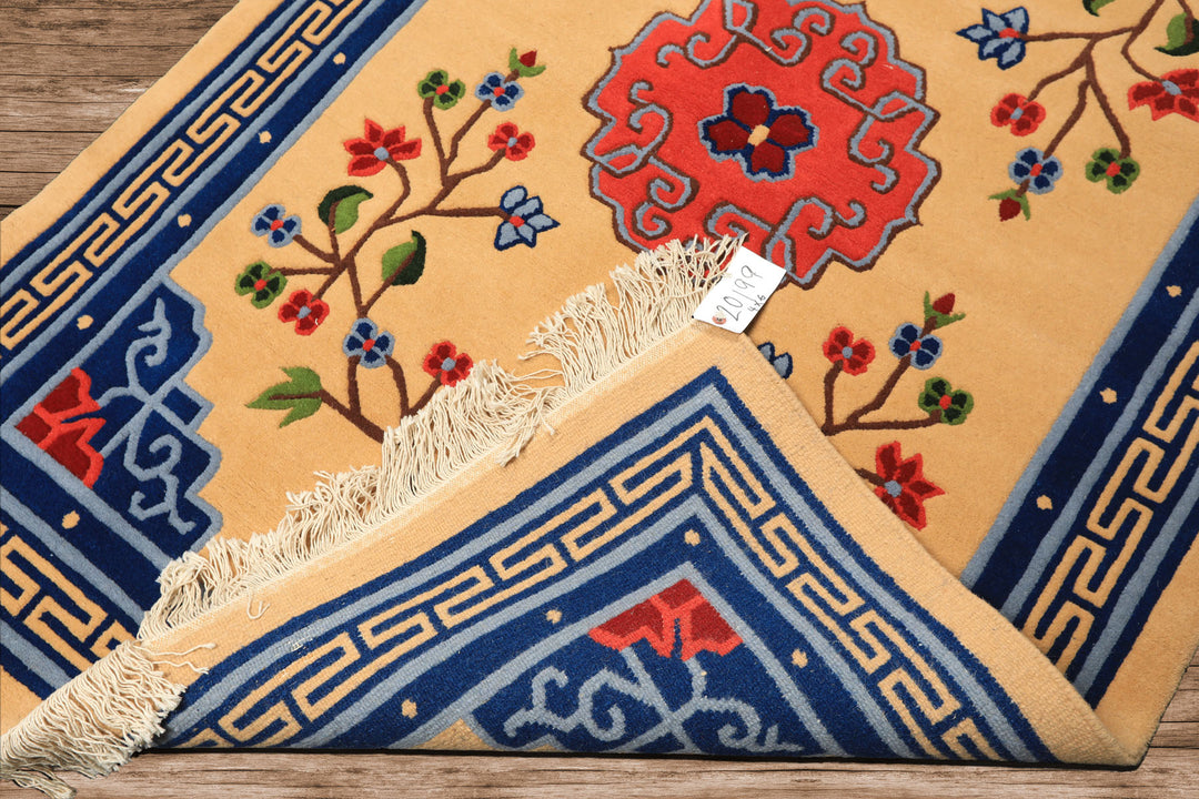 4x6 Tan, Navy, Coral Color Hand Knotted Tibetan Wool Chinese Art Deco Oriental Rug
