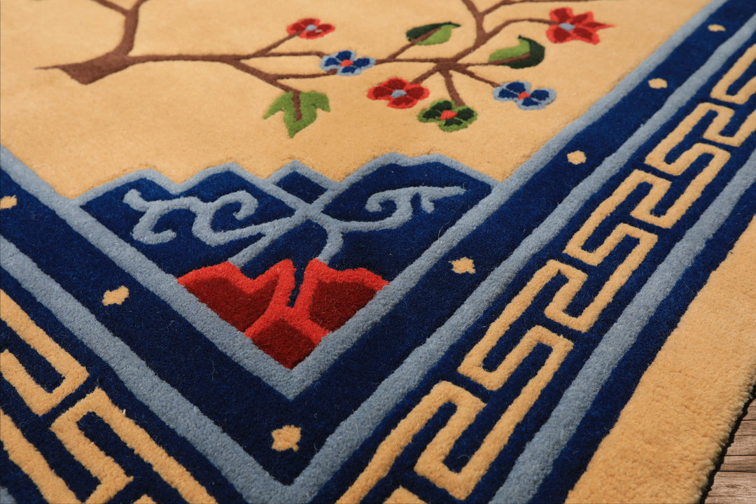 4x6 Tan, Navy, Coral Color Hand Knotted Tibetan Wool Chinese Art Deco Oriental Rug