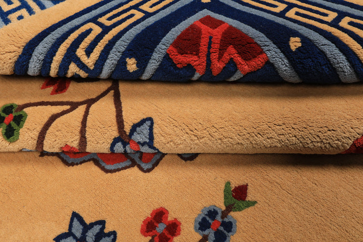 4x6 Tan, Navy, Coral Color Hand Knotted Tibetan Wool Chinese Art Deco Oriental Rug