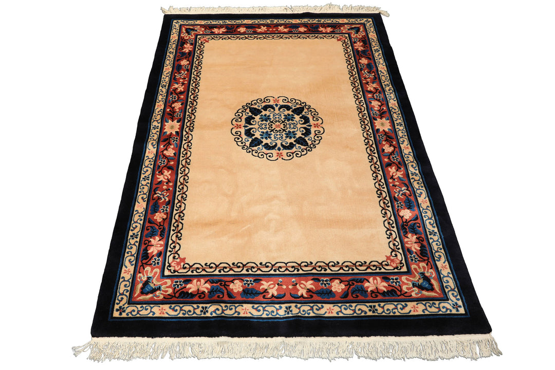 4x6 Light Peach, Caramel, Midnight Color Hand Knotted Chinese Art Deco Wool Traditional Oriental Rug