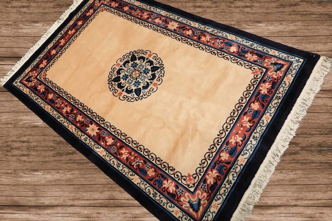 4x6 Light Peach, Caramel, Midnight Color Hand Knotted Chinese Art Deco Wool Traditional Oriental Rug