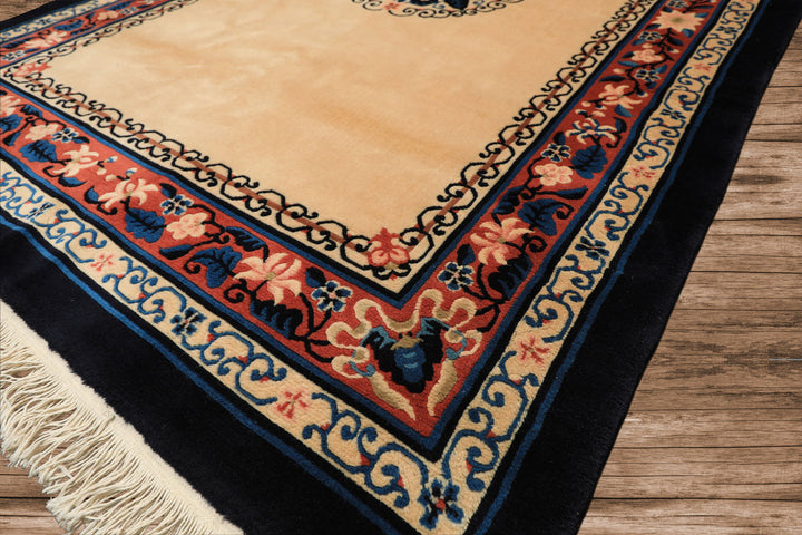 4x6 Light Peach, Caramel, Midnight Color Hand Knotted Chinese Art Deco Wool Traditional Oriental Rug