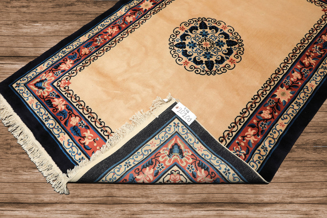 4x6 Light Peach, Caramel, Midnight Color Hand Knotted Chinese Art Deco Wool Traditional Oriental Rug
