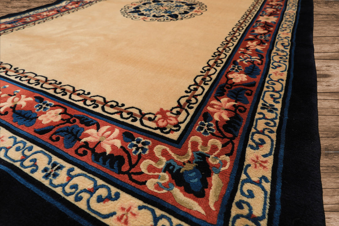 4x6 Light Peach, Caramel, Midnight Color Hand Knotted Chinese Art Deco Wool Traditional Oriental Rug