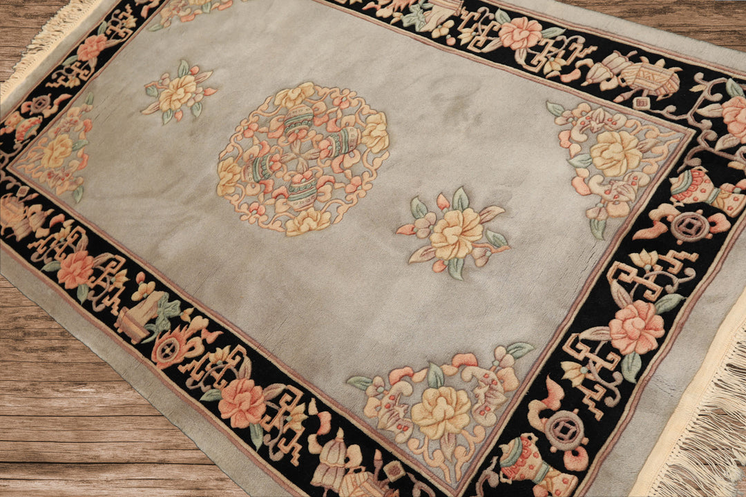 4x6 Gray, Black, Taupe Color Hand Knotted French Aubusson Savonnerie Wool Traditional Oriental Rug