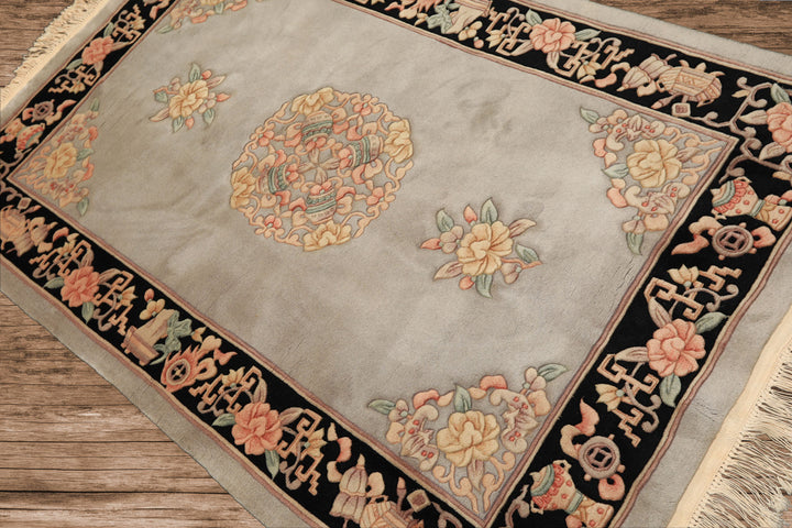 4x6 Gray, Black, Taupe Color Hand Knotted French Aubusson Savonnerie Wool Traditional Oriental Rug