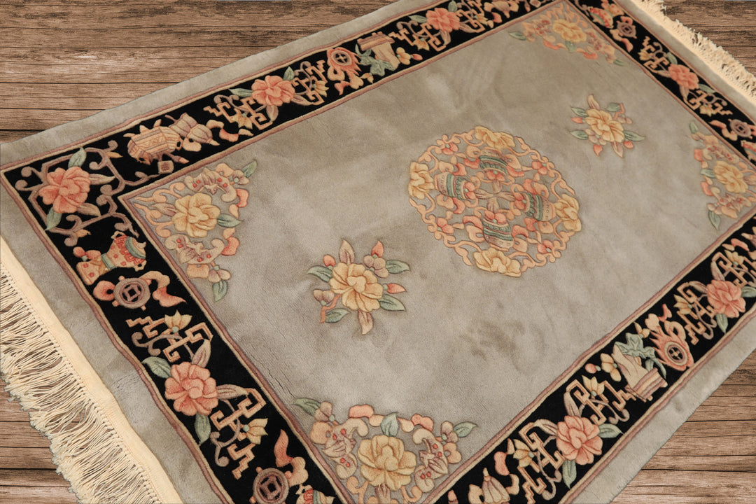 4x6 Gray, Black, Taupe Color Hand Knotted French Aubusson Savonnerie Wool Traditional Oriental Rug