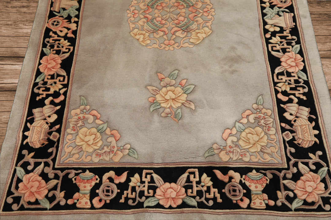 4x6 Gray, Black, Taupe Color Hand Knotted French Aubusson Savonnerie Wool Traditional Oriental Rug