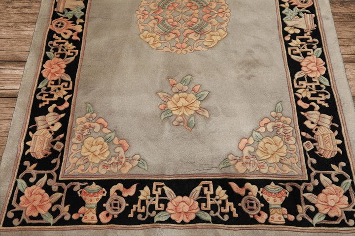 4x6 Gray, Black, Taupe Color Hand Knotted French Aubusson Savonnerie Wool Traditional Oriental Rug