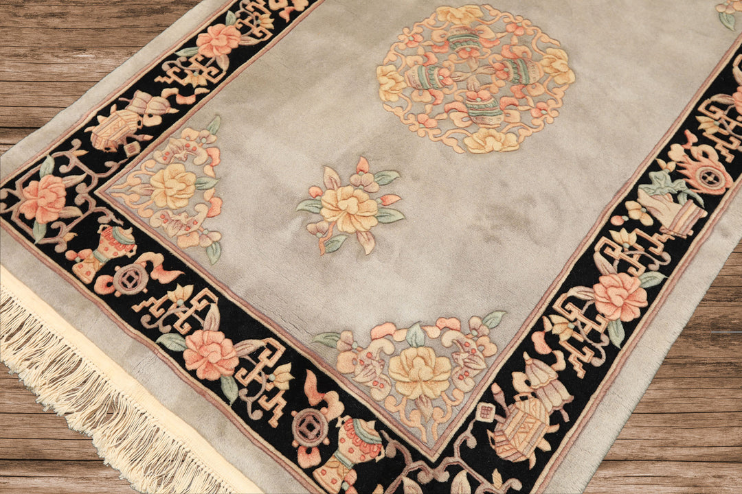 4x6 Gray, Black, Taupe Color Hand Knotted French Aubusson Savonnerie Wool Traditional Oriental Rug