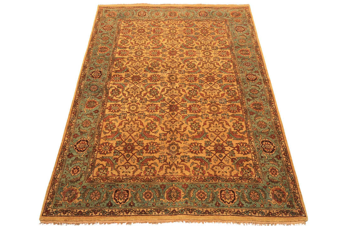 6x9 Gold, Turquoise, Rust Color Hand Knotted Oushak Wool Traditional Oriental Rug