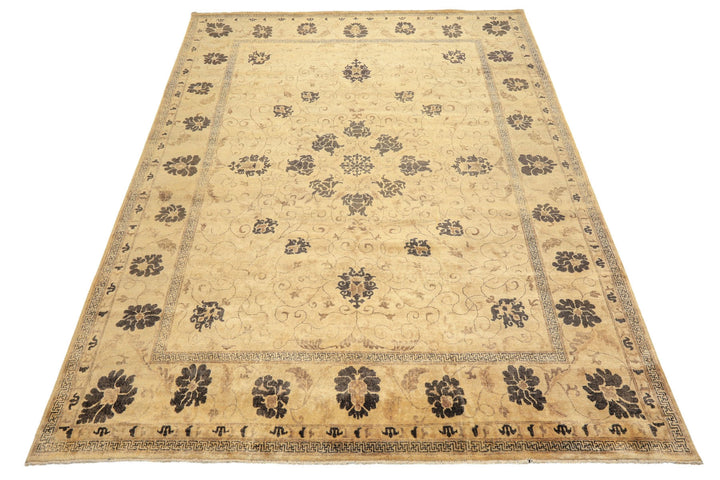 9x12 Beige, Brown, Chocolate Color Hand Knotted Oushak New Zealand Wool Transitional Oriental Rug