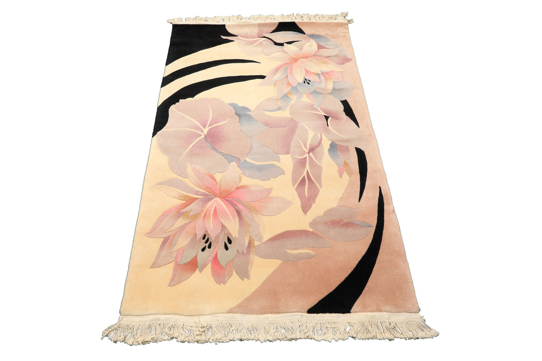 4x6 Ivory, Taupe, Lavender Color Hand Knotted Chinese Art Deco Wool Transitional Oriental Rug