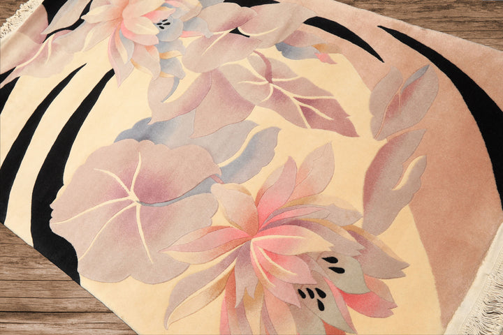 4x6 Ivory, Taupe, Lavender Color Hand Knotted Chinese Art Deco Wool Transitional Oriental Rug