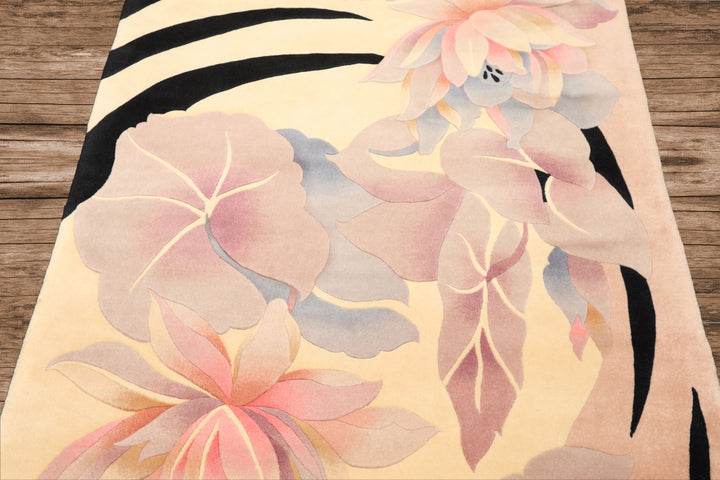 4x6 Ivory, Taupe, Lavender Color Hand Knotted Chinese Art Deco Wool Transitional Oriental Rug