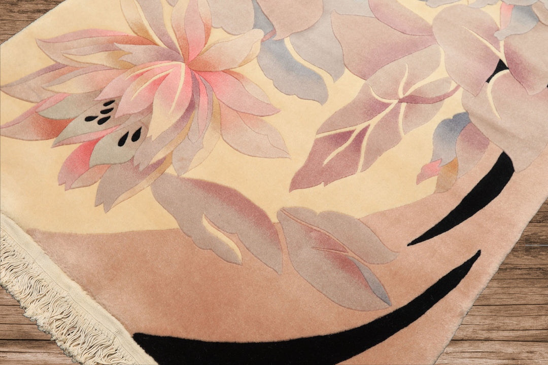 4x6 Ivory, Taupe, Lavender Color Hand Knotted Chinese Art Deco Wool Transitional Oriental Rug