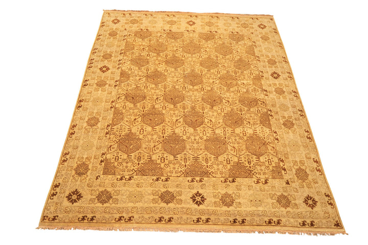 8x10 Gold, Rust, Tan Color Hand Knotted Oushak Wool Transitional Oriental Rug