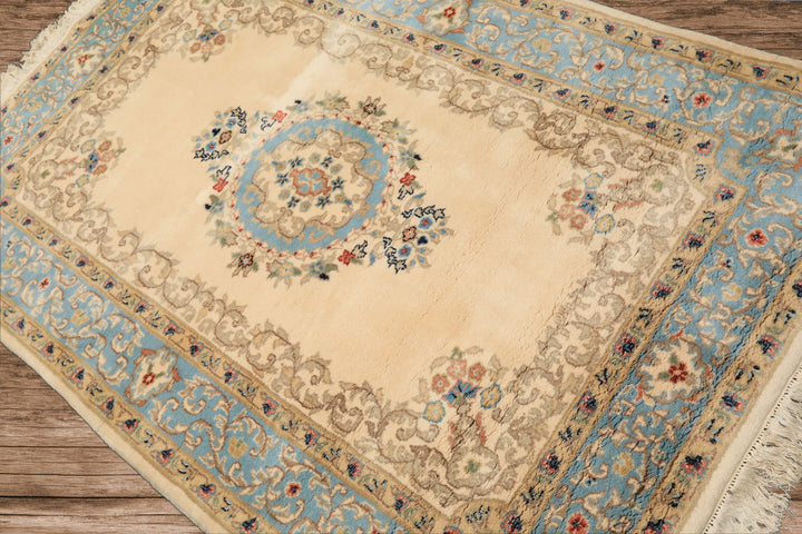 4x6 Ivory, Aqua, Tan Color Hand Knotted Indo Kerman Wool Traditional Oriental Rug