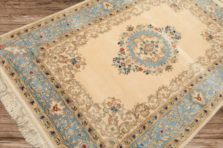 4x6 Ivory, Aqua, Tan Color Hand Knotted Indo Kerman Wool Traditional Oriental Rug