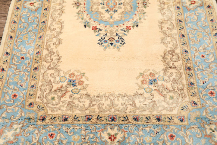 4x6 Ivory, Aqua, Tan Color Hand Knotted Indo Kerman Wool Traditional Oriental Rug