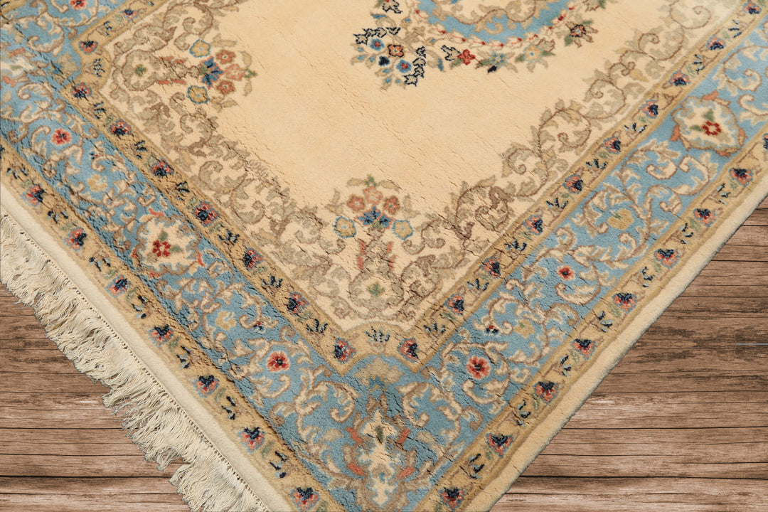 4x6 Ivory, Aqua, Tan Color Hand Knotted Indo Kerman Wool Traditional Oriental Rug