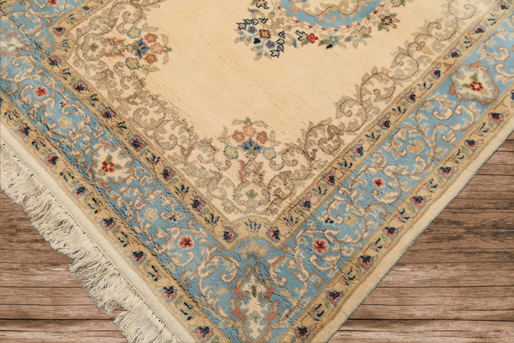 4x6 Ivory, Aqua, Tan Color Hand Knotted Indo Kerman Wool Traditional Oriental Rug