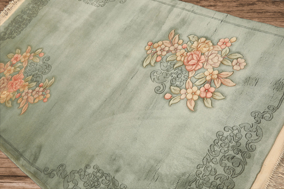 4x6 Celadon, Blush, Gold Color Hand Knotted Chinese Art Deco Wool Traditional Oriental Rug