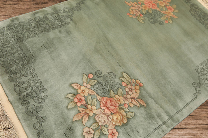 4x6 Celadon, Blush, Gold Color Hand Knotted Chinese Art Deco Wool Traditional Oriental Rug