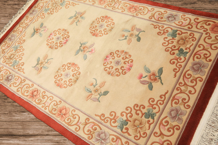 4x6 Beige, Caramel, Taupe Color Hand Knotted Chinese Art Deco Wool Traditional Oriental Rug