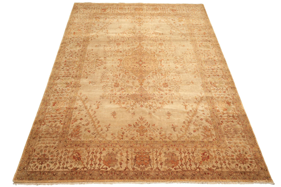 9x12 Beige, Tan, Gold Color Hand Knotted Agra Wool Traditional Oriental Rug