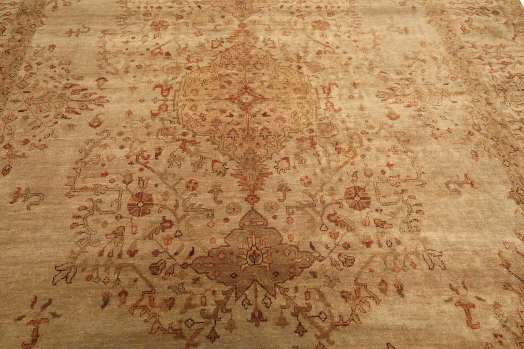 9x12 Beige, Tan, Gold Color Hand Knotted Agra Wool Traditional Oriental Rug