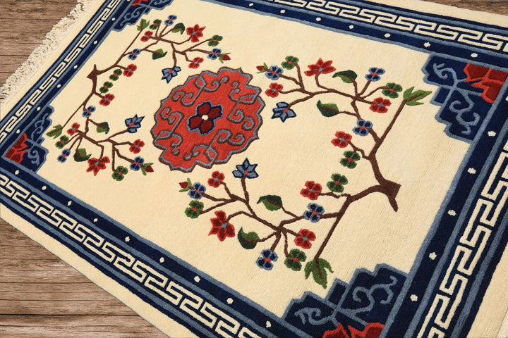 4x6 Ivory, Navy, Green Color Hand Knotted Tibetan Art Deco Wool Traditional Oriental Rug