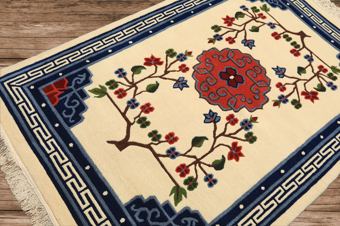 4x6 Ivory, Navy, Green Color Hand Knotted Tibetan Art Deco Wool Traditional Oriental Rug