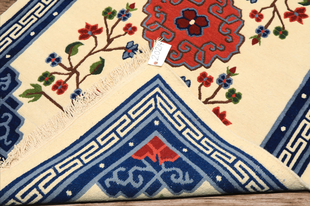 4x6 Ivory, Navy, Green Color Hand Knotted Tibetan Art Deco Wool Traditional Oriental Rug