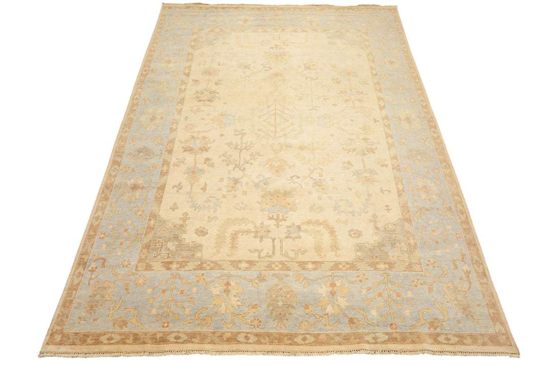 9x12 Ivory, Beige, Aqua Color Hand Knotted Oushak Wool Transitional Oriental Rug