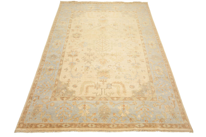 9x12 Ivory, Beige, Aqua Color Hand Knotted Oushak Wool Transitional Oriental Rug