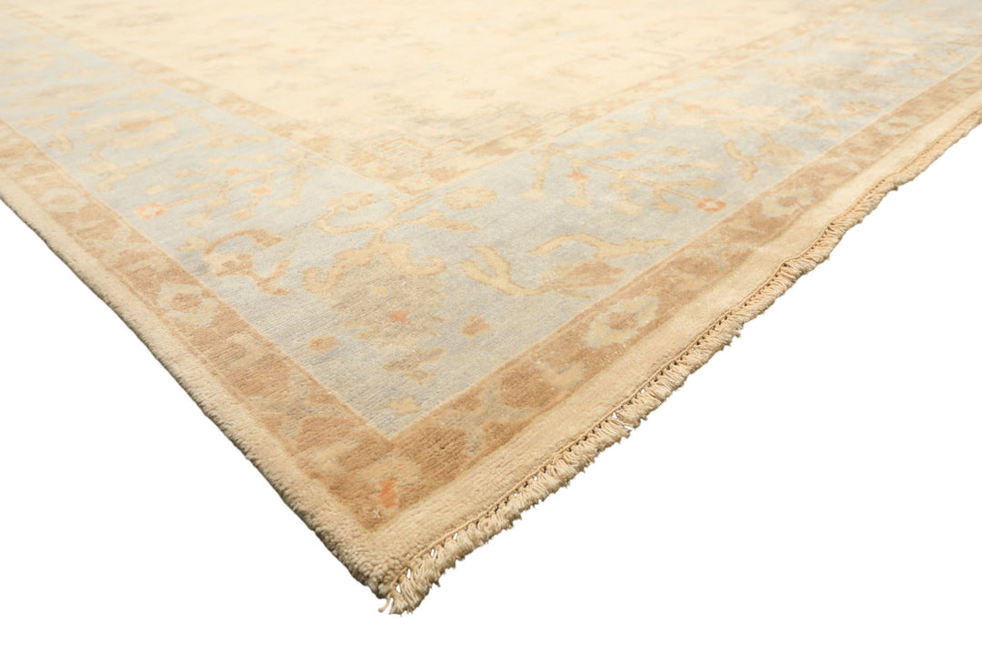 9x12 Ivory, Beige, Aqua Color Hand Knotted Oushak Wool Transitional Oriental Rug