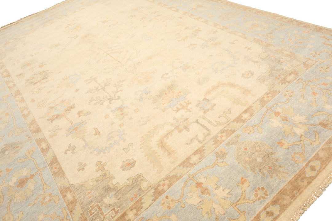 9x12 Ivory, Beige, Aqua Color Hand Knotted Oushak Wool Transitional Oriental Rug