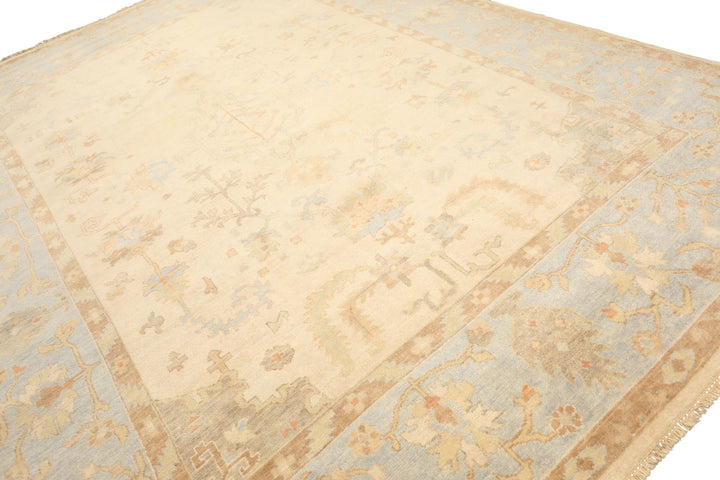 9x12 Ivory, Beige, Aqua Color Hand Knotted Oushak Wool Transitional Oriental Rug