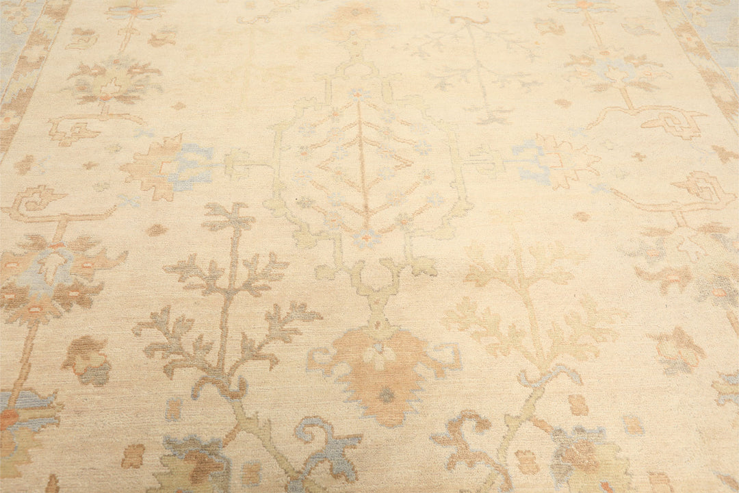9x12 Ivory, Beige, Aqua Color Hand Knotted Oushak Wool Transitional Oriental Rug