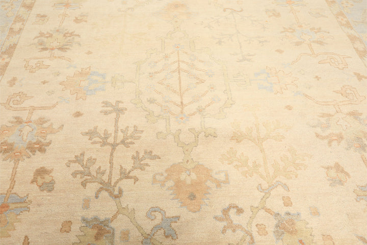 9x12 Ivory, Beige, Aqua Color Hand Knotted Oushak Wool Transitional Oriental Rug