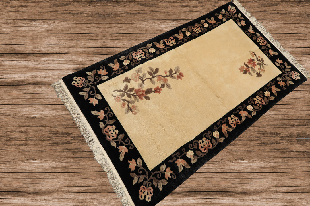 3x5 Beige, Charcoal, Blush Color Hand Knotted Chinese Art Deco Wool Traditional Oriental Rug