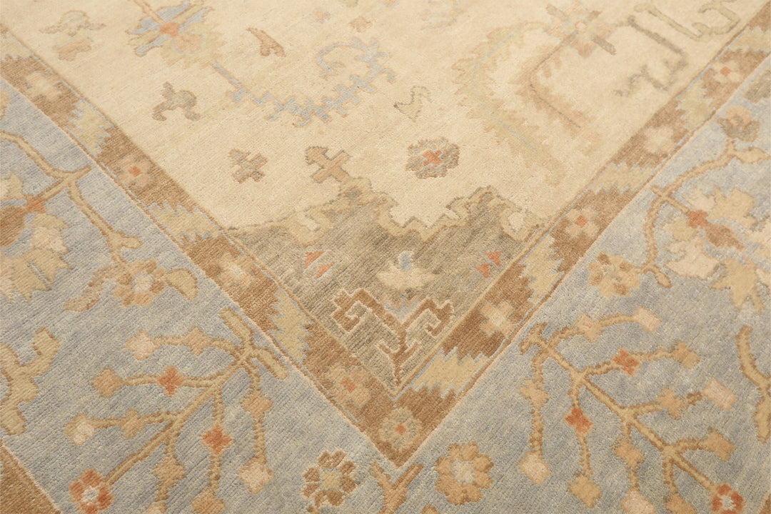 9x12 Ivory, Beige, Aqua Color Hand Knotted Oushak Wool Transitional Oriental Rug
