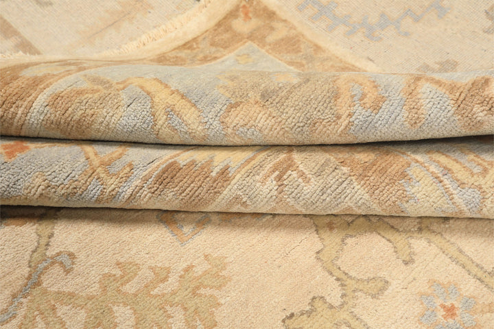 9x12 Ivory, Beige, Aqua Color Hand Knotted Oushak Wool Transitional Oriental Rug
