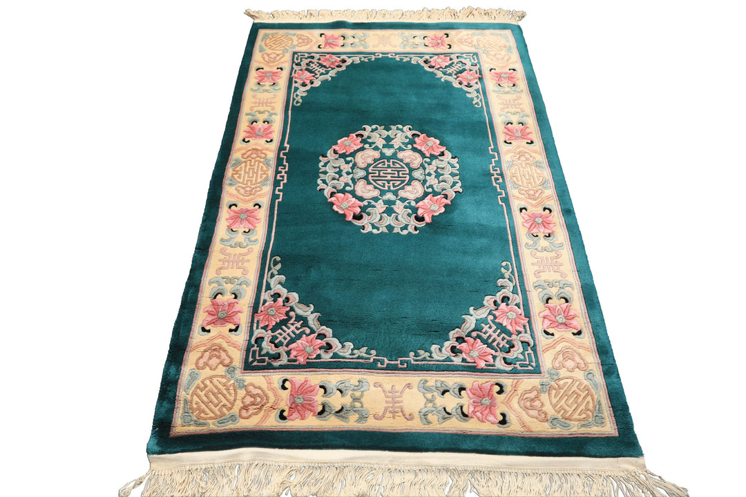 4x6 Emerald, Ivory, Pink Color Hand Knotted Chinese Art Deco Wool Traditional Oriental Rug