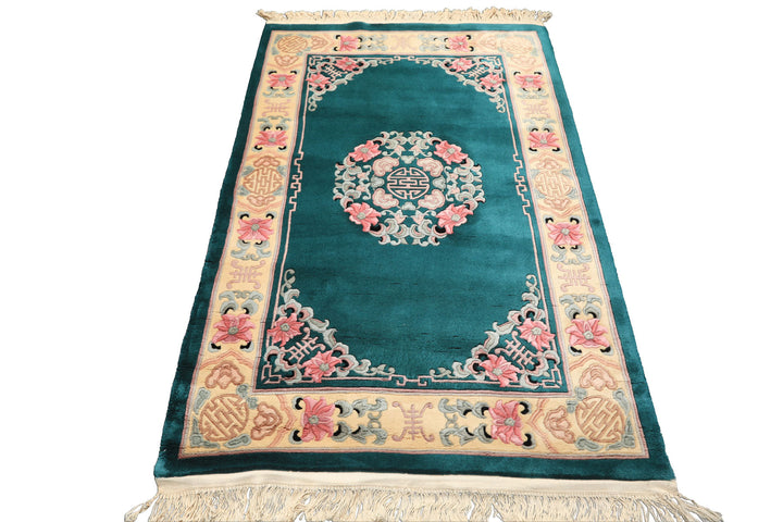4x6 Emerald, Ivory, Pink Color Hand Knotted Chinese Art Deco Wool Traditional Oriental Rug